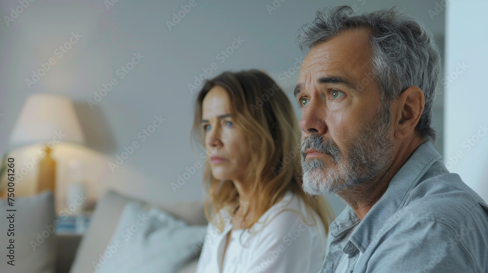 Middle age man and woman couple looks stress from problem issue background white light living room Middle age man and woman couple looks stress from problem issue background white light living room