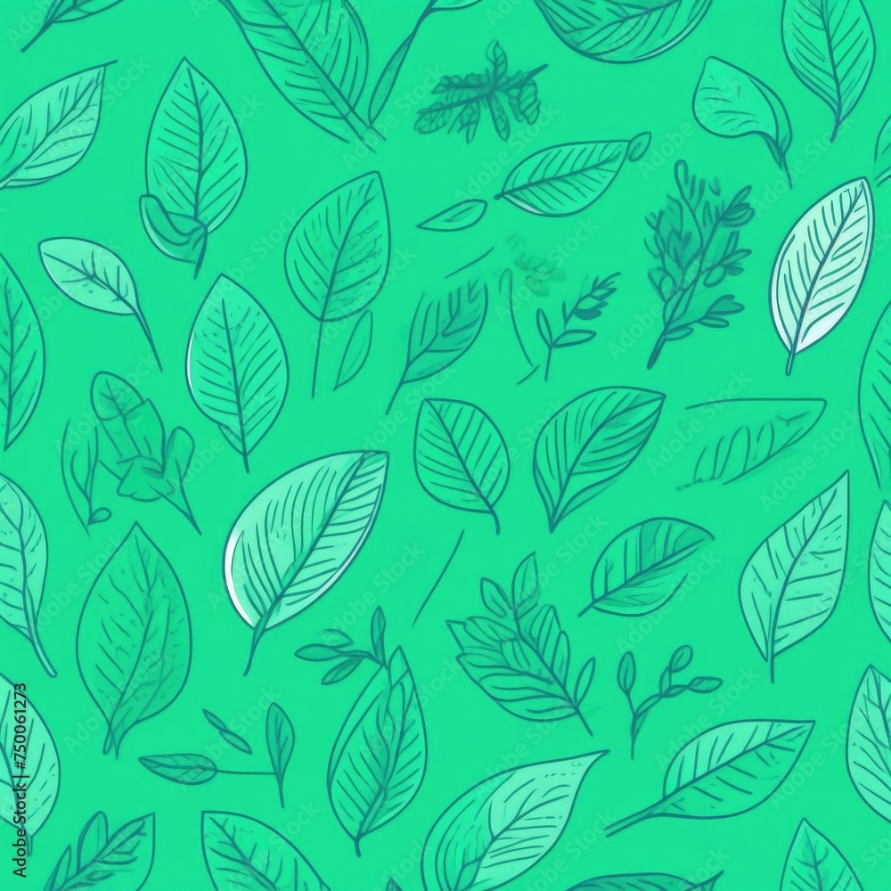 Fototapeta premium Green background with drawing of leaves and flowers. Drawing is of various types of leaves and flowers, with some of them being large and small. Concept of growth and vitality background. Copy space.