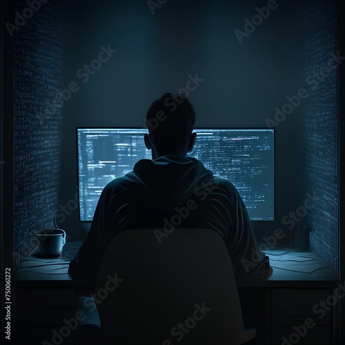 Hacker sits at computer with his back