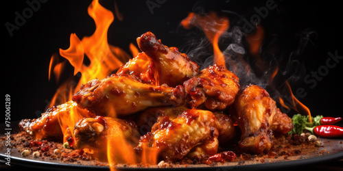 Delicious Fried Chicken Wings with Spicy BBQ Sauce on a Wooden Plate, a Tasty and Crispy American Fast Food Appetizer.