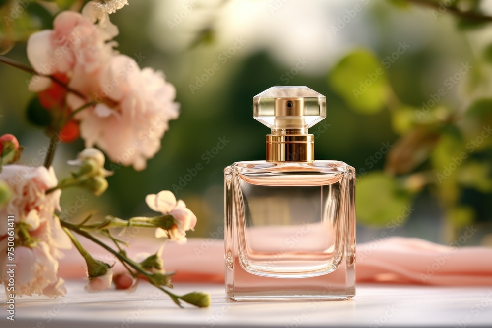 Elegance womens bottle of perfume, close-up view. Perfumery store horizontal banner Elegance womens bottle of perfume, close-up view. Perfumery store horizontal banner