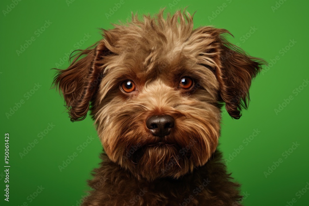 Cute fluffy brown yorkshire terrier puppy face portrait, green studio background