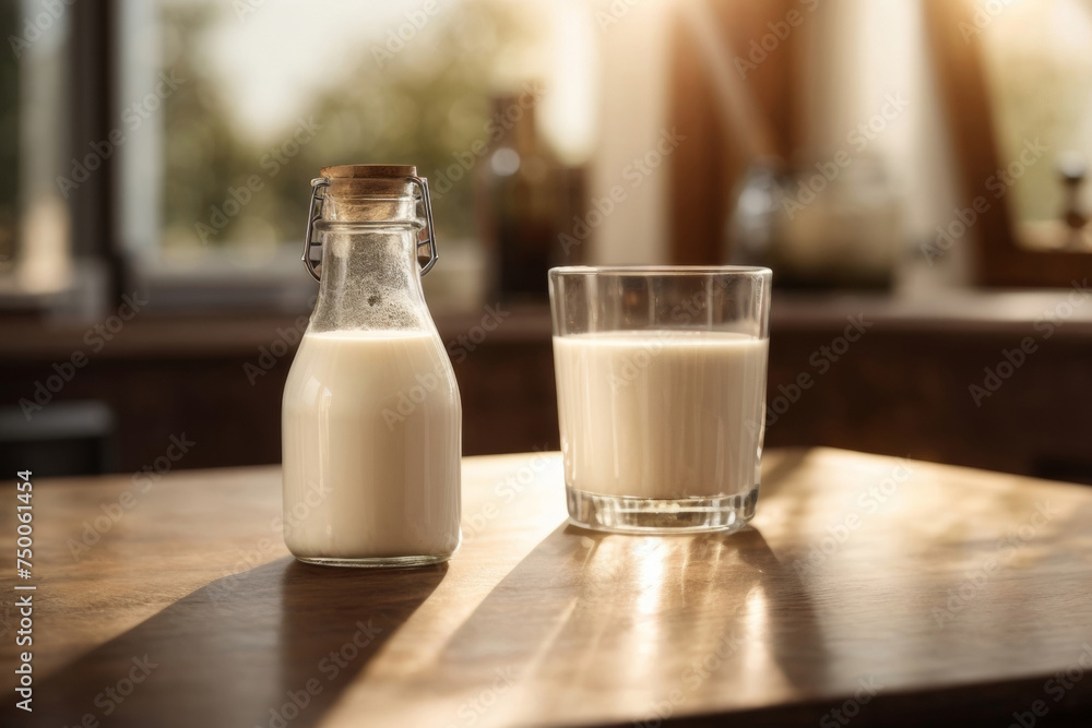 A glass bottle and a glass of milk on a wooden table in the kitchen, rays of sunlight. A glass bottle and a glass of milk on a wooden table in the kitchen, rays of sunlight.