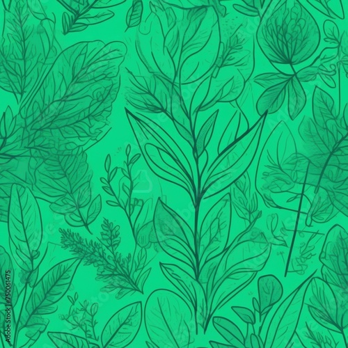 Green background with drawing of leaves and flowers. Drawing is of various types of leaves and flowers, with some of them being large and small. Concept of growth and vitality background. Copy space.