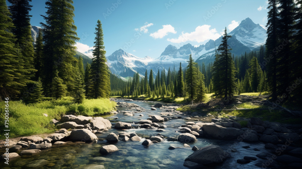 Photorealistic image, dense pine forests Banff National Park - obrazy, fototapety, plakaty 