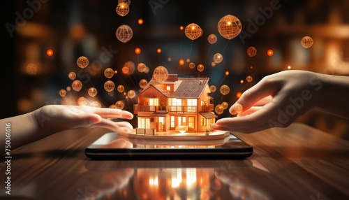 Two Hands Holding Tablet Showing House