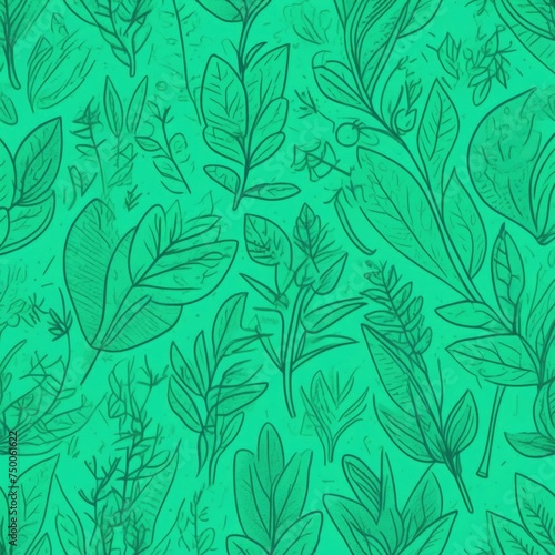 Green background with drawing of leaves and flowers. Drawing is of various types of leaves and flowers  with some of them being large and small. Concept of growth and vitality background. Copy space.