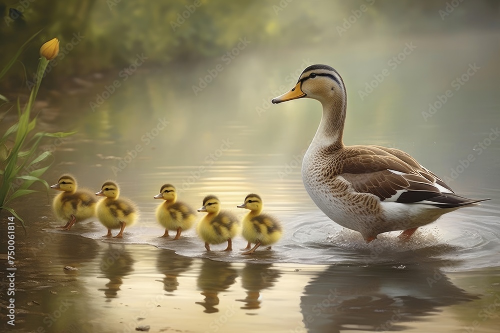 Wildlife moment as A mother duck leading her ducklings across a pond. Mallard duck family reflects in tranquil pond generated, Ai generated Wildlife moment as A mother duck leading her ducklings across a pond. Mallard duck family reflects in tranquil pond generated, Ai generated