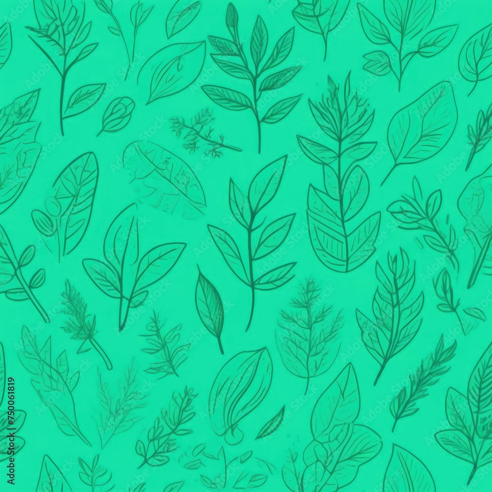 Green background with drawing of leaves and flowers. Drawing is of various types of leaves and flowers, with some of them being large and small. Concept of growth and vitality background. Copy space.