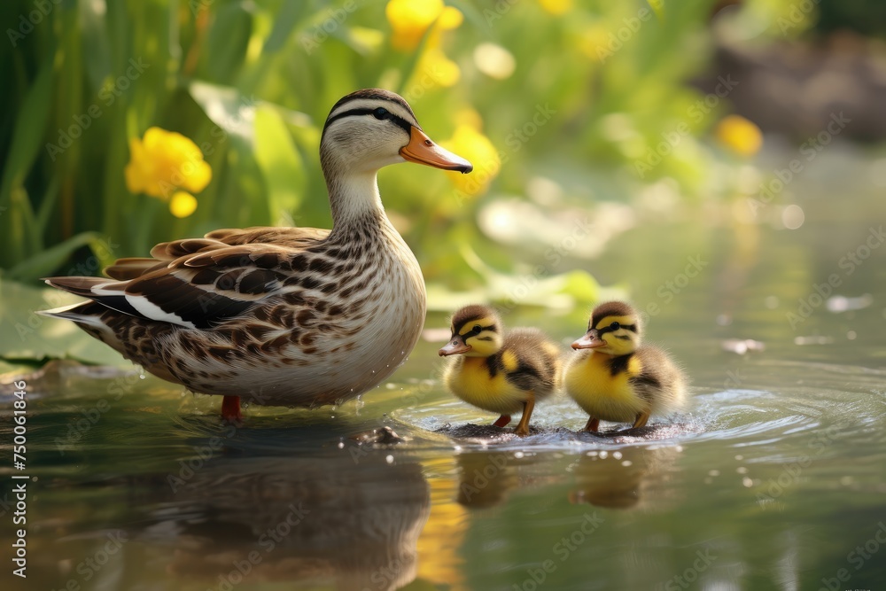 A mother duck leading her ducklings across a pond. duck swimming in the pond in the park beauty of nature's , Ai generated A mother duck leading her ducklings across a pond. duck swimming in the pond in the park beauty of nature's , Ai generated