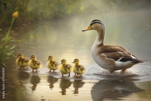 Wildlife moment as A mother duck leading her ducklings across a pond. Mallard duck family reflects in tranquil pond generated, Ai generated