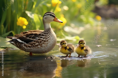 A mother duck leading her ducklings across a pond. duck swimming in the pond in the park beauty of nature's , Ai generated