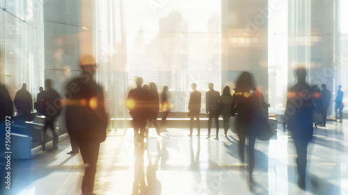 Rush hour in a modern business environment, capturing the motion and crowd in an abstract of blurred lines and architecture