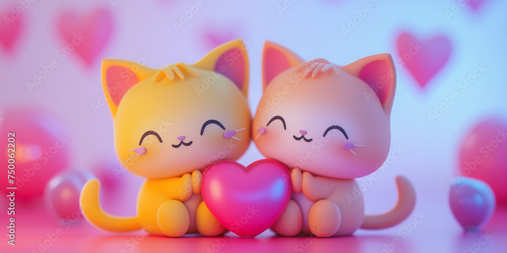 Cute cats in love positive background. Valentine's Day wallpaper. Cats kawaii style. Volumetric figurines of cats in 3D style. Digital artwork raster bitmap. 