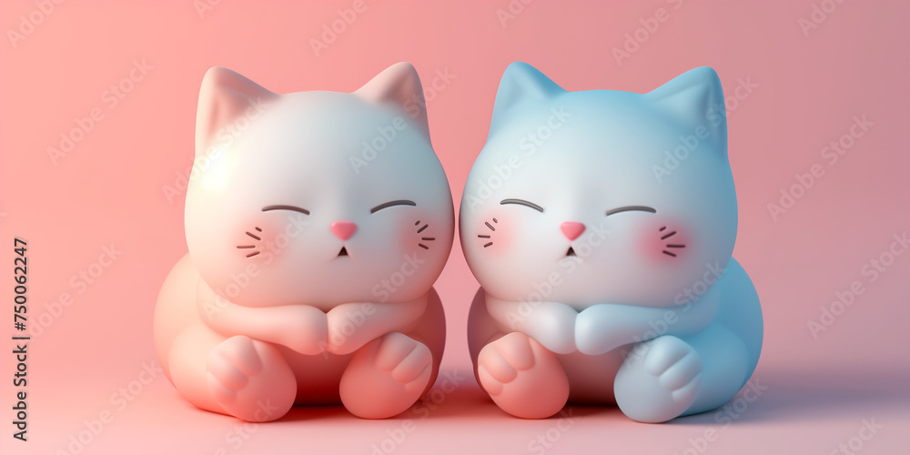 Cute cats in love positive background. Valentine's Day wallpaper. Cats kawaii style. Volumetric figurines of cats in 3D style. Digital artwork raster bitmap. AI artwork. Cute cats in love positive background. Valentine's Day wallpaper. Cats kawaii style. Volumetric figurines of cats in 3D style. Digital artwork raster bitmap. AI artwork.