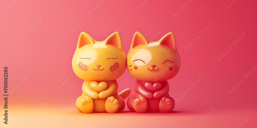 Cute cats in love positive background. Valentine's Day wallpaper. Cats kawaii style. Volumetric figurines of cats in 3D style. Digital artwork raster bitmap. AI artwork. Cute cats in love positive background. Valentine's Day wallpaper. Cats kawaii style. Volumetric figurines of cats in 3D style. Digital artwork raster bitmap. AI artwork.
