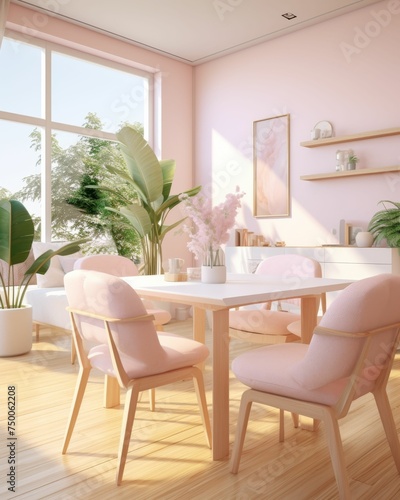 Cozy Dining Room With Table, Chairs, and Potted Plants