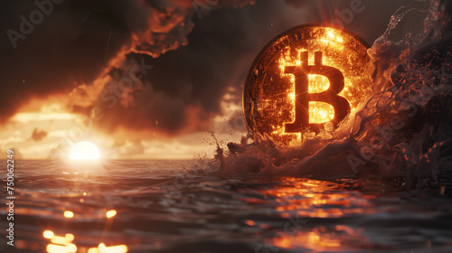A luminescent Bitcoin symbol emerges powerfully from the churning ocean waves, catching the brilliant hues of the setting sun, creating a dynamic that symbolizes the energy of cryptocurrency markets photo
