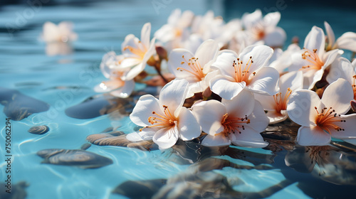 Flowers float in a single row at the adge of swimming photo