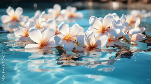 Flowers float in a single row at the adge of swimming photo