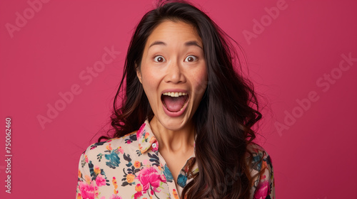 An ecstatic young Asian woman with a floral shirt expressing extreme happiness and excitement on a pink background.