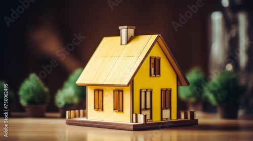 Small Yellow House on Wooden Table