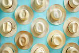 Assortment of Various Hats Arranged on Blue Wall Background in Patterned Display Concept
