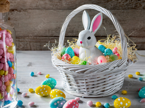 Adorable toy bunny rabbit sits in a white wicker Easter basket is filled with painted Easter eggs. The eggs are painted with pastel colors and designs. There is a barn board background and floor.