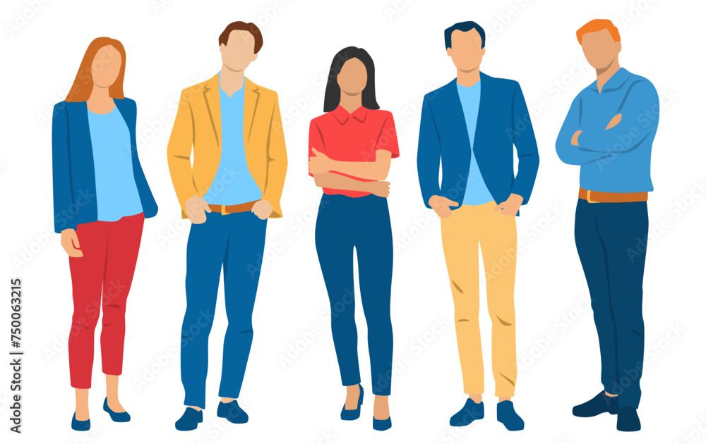 Obraz premium Set of young men and women , different colors, cartoon character, group of silhouettes of standing business people, students, design concept of flat icon, isolated on white background