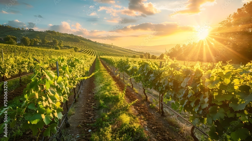 Naklejka premium Sunset and Sunrise Vineyard Landscape in Tuscany