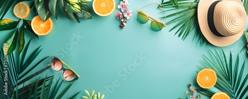 Top view flat lay of a summer background featuring starfish, oranges, beach hat, glasses, and palm leaves. A blue turquoise summer composition with space for copy or text.