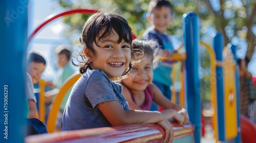 Happy Children Smiling on Playground Equipment