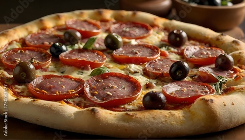 Pizza pizza filled with tomatoes, salami and olives