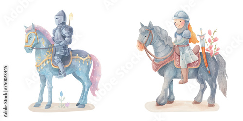 cute knight riding horse watercolour vector illustration