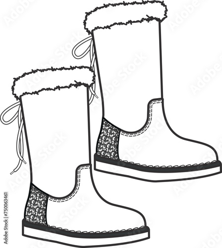 Sparkly Boot Design Technical Drawing For Girls, Kids. Stylish winter boots flat sketch with sequin embroidery.