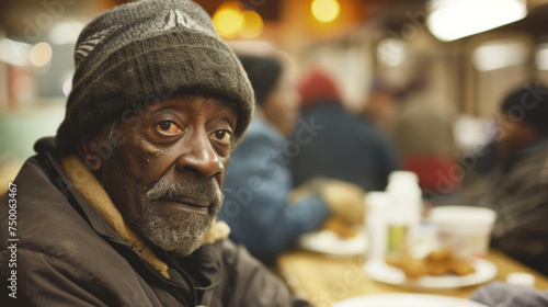 Portrait of afro american homeless man sits in a bustling shelter at dining hall