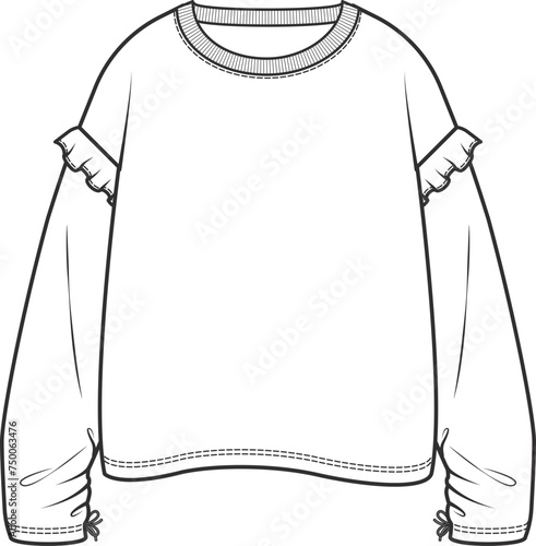 SWEATSHIRT Technical Drawing Fashion Flat Sketch for Girls. Apparel template Fashion CAD Graphics, kids wear, Vector Illustration