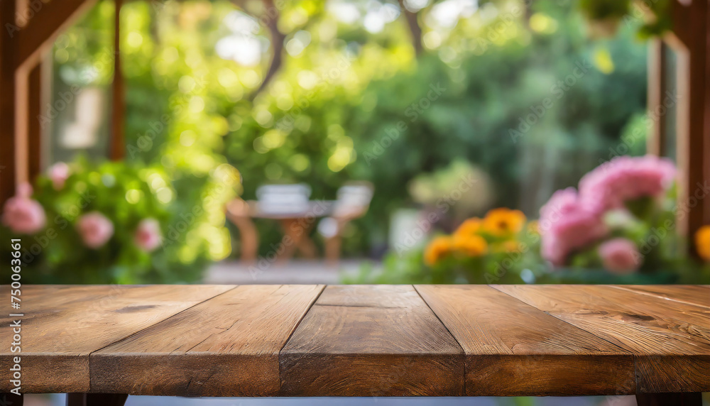 Empty wooden table. Summer time. Blurred backyard, green garden. Mock up Empty wooden table. Summer time. Blurred backyard, green garden. Mock up