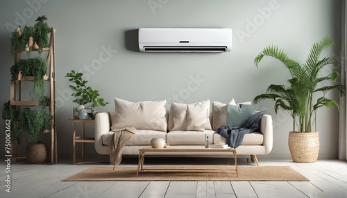 Living room interior featuring air conditioner for comfortable temperature during hot summer, cooling the room photo
