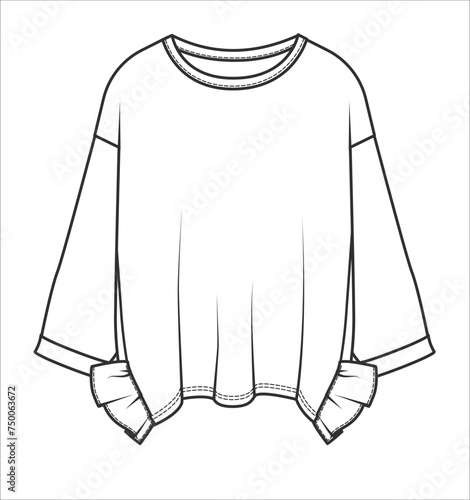 Vector long sleeve oversized sweatshirt fashion CAD, round neck sweatshirt technical drawing, template, mockup, flat sketch. Front view black and white sweatshirt design.