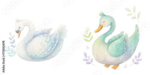  cute swan watercolour vector illustration
