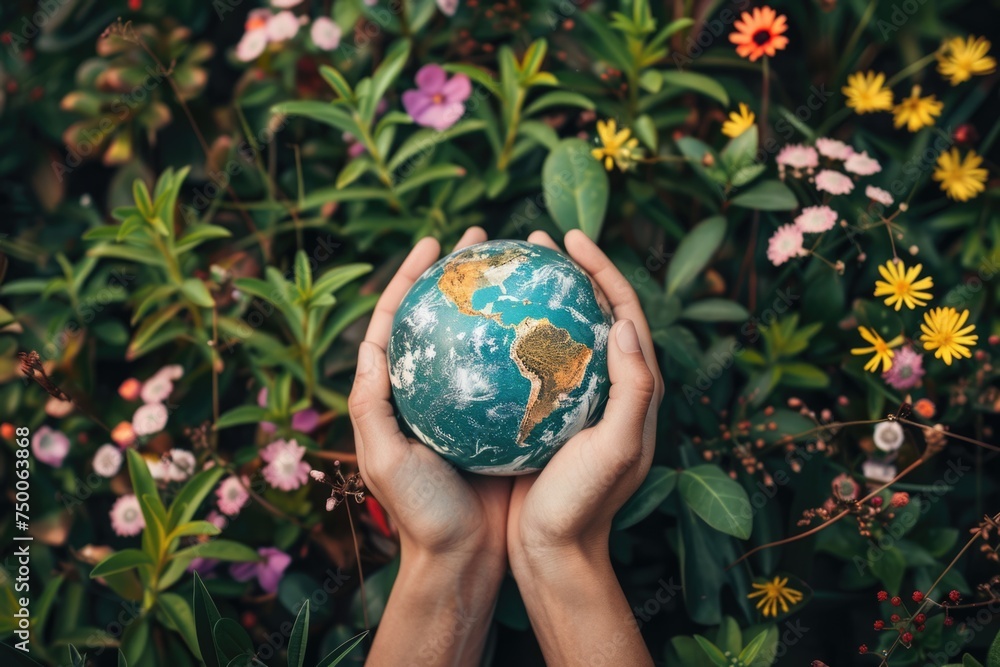 close up Hands holding earth globe, leaves and flowers on background, space for text, earth day close up Hands holding earth globe, leaves and flowers on background, space for text, earth day