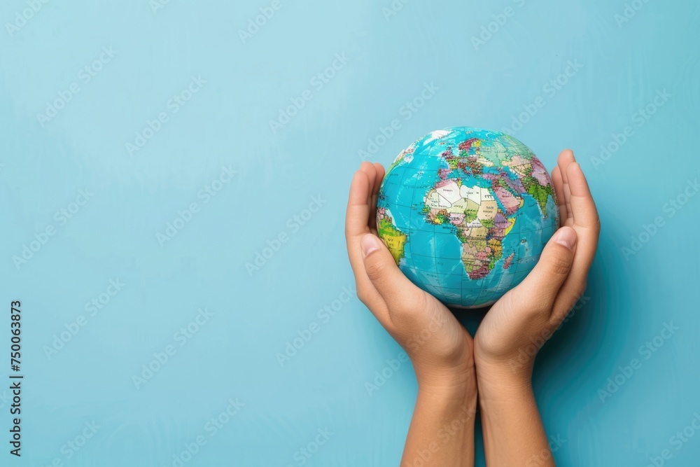 close up Hands holding earth globe, leaves and flowers on background, space for text, earth day close up Hands holding earth globe, leaves and flowers on background, space for text, earth day