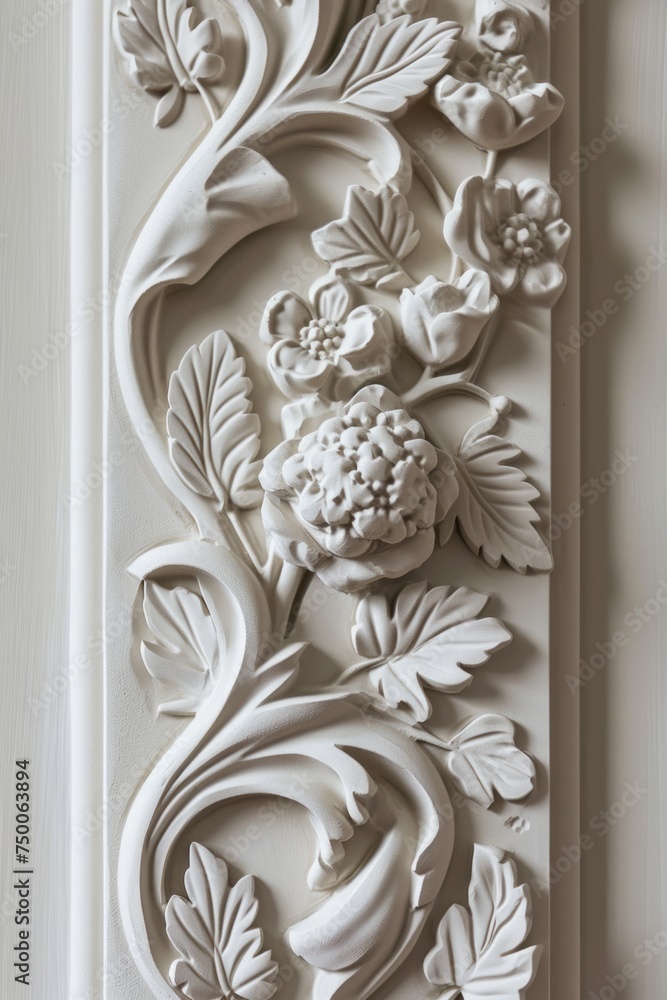 Decorative clay stucco with an ornament on a white ceiling or wall in an abstract classic white interior
Decorative clay stucco with an ornament on a white ceiling or wall in an abstract classic white interior