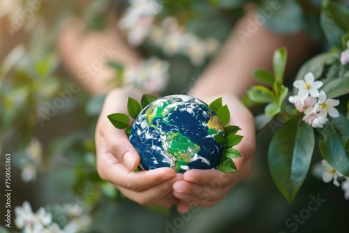 close up Hands holding earth globe, leaves and flowers on background, space for text, earth day