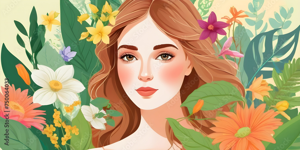 Garden and gardening. Vector colorful illustration of a cute woman on a floral background of flowers, leaves and plants for spring and summer background, banner or poster. Women's Day greeting card 