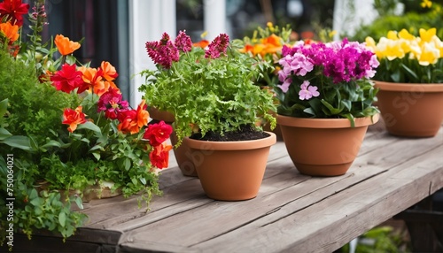 Assortment of beautiful colorful flowers in pots for spring and summer patio decoration, banner layout