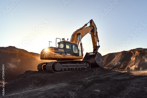Excavator on earthmoving at open pit mining on sunset. Backhoe digs sand and gravel in quarry. Heavy construction equipment on excavation at construction site. Mining Excavator in open-pit. Open cast