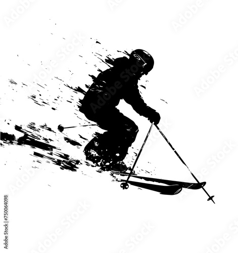 Silhouette of a skier on a ski slope, black silhouette on white background, editable svg, generated with AI