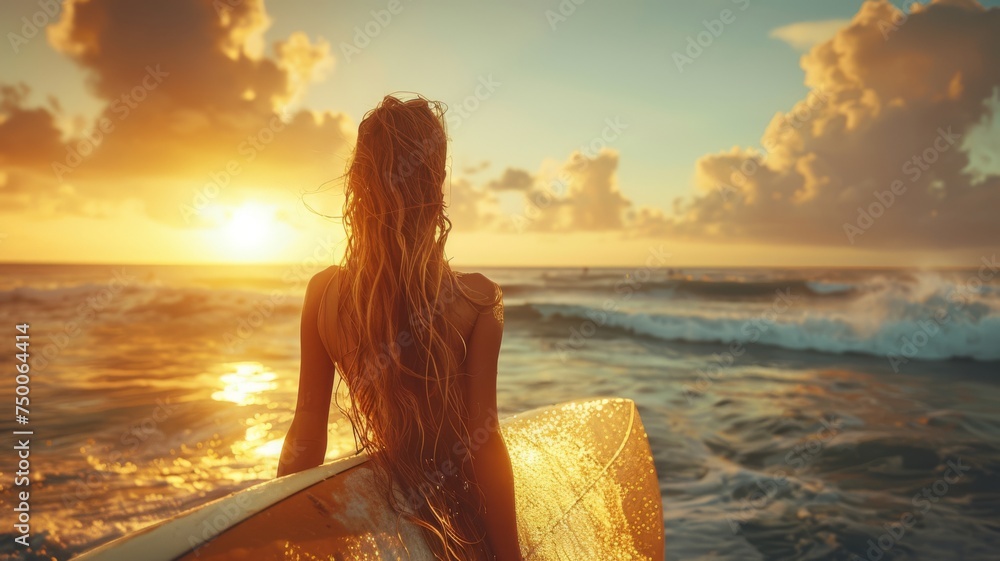 Surfing woman on the beach at sunrise